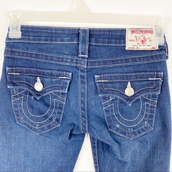 TRUE RELIGION Joey Dark Wash Flare Distressed Back Flap Pockets Jeans, Size 24 - Picture 11 of 12